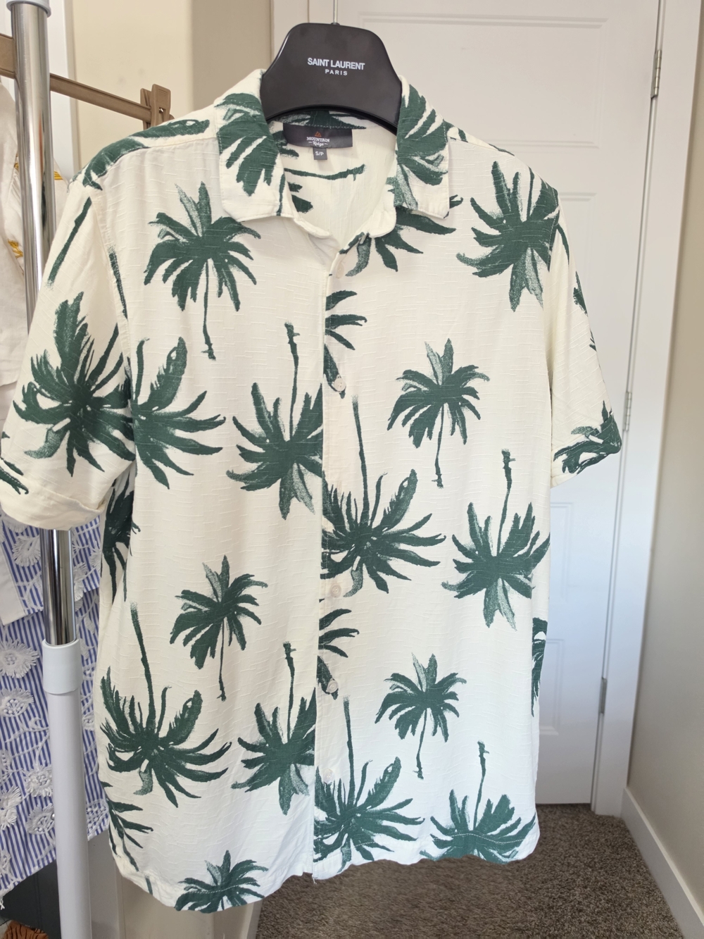Men’s Cream Green Palm-Print Short Sleeve Shirt Small